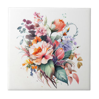 Bouquet of Meadow Flowers Watercolor Ceramic Tile
