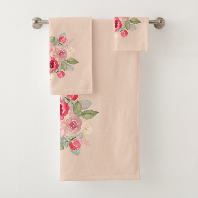 Bouquet of Painted Pink Roses Bath Towel Set (Insitu)