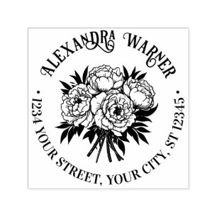 Bouquet of Peonies Name Return Address Self-inking Stamp