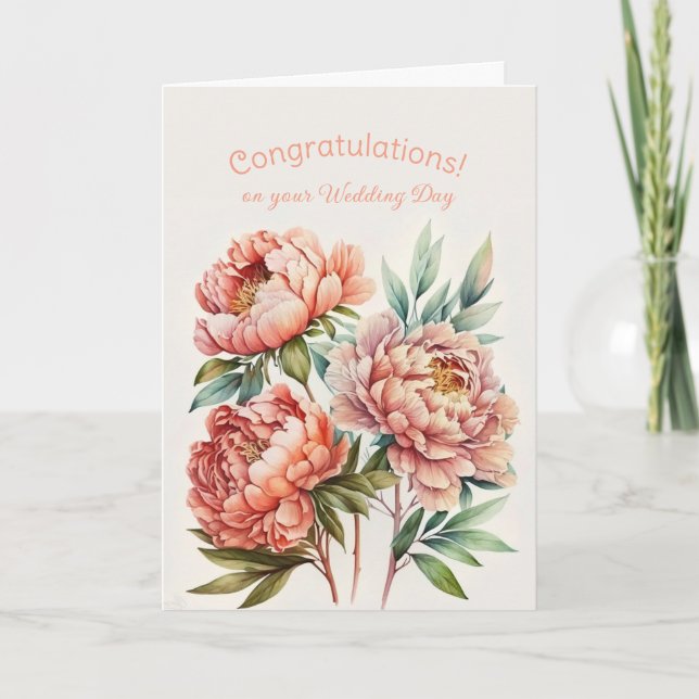 Bouquet of Pink Peonies Wedding Congratulations Card (Front)