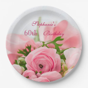 Bouquet Of Pink Roses 60th Birthday Paper Plate