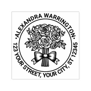 Bouquet of Roses w/ Bow Ribbon Name Return Address Self-inking Stamp