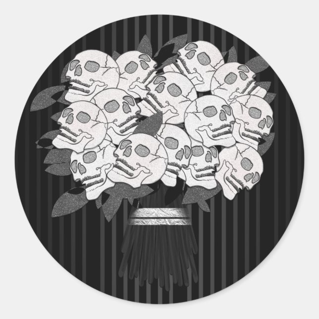 Bouquet of Skull Roses Black & White Party Favour Classic Round Sticker (Front)