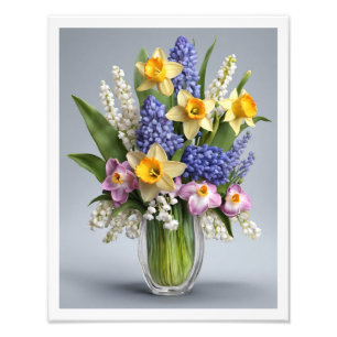 Bouquet of Spring Daffodils Hyacinths Glass Vase Photo Print