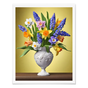 Bouquet of Spring Daffodils Hyacinths Wood Table Photo Print