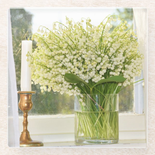 Bouquet of spring flowers, lilies of the valley glass coaster (Front)