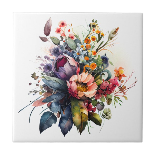 Bouquet of Summer Flowers Watercolor Ceramic Tile (Front)