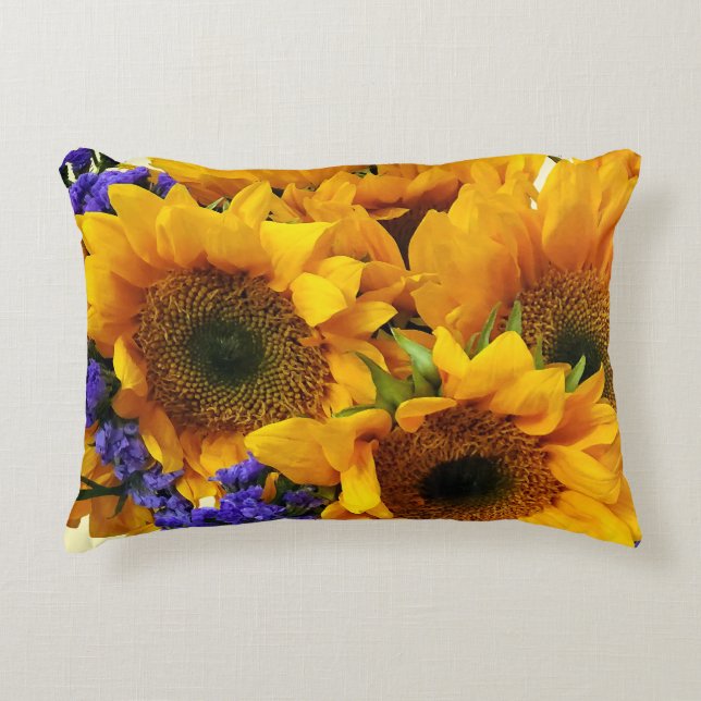 Bouquet of Sunflowers and Purple Statice Accent Pillow (Front)