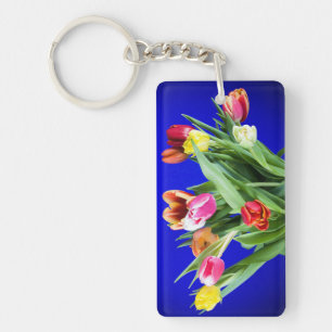 Bouquet of tulips on blue keychain