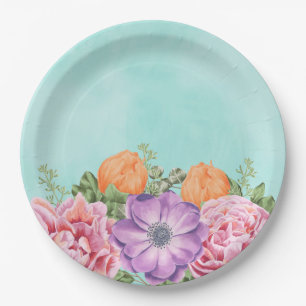 Bouquet of Watercolor Flowers Pink Purple Orange Paper Plate