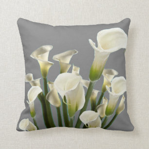 BOUQUET OF WHITE CALLA LILIES ON GREY THROW PILLOW