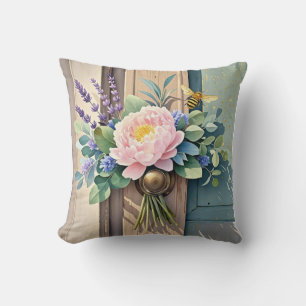 Bouquet peonies lavender flowers Rustic Throw Pillow