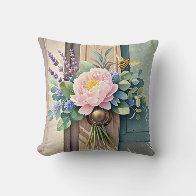 Bouquet peonies lavender flowers Rustic Throw Pillow (Front)