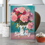 Bouquet Pink Spring Carnations in Vase Birthday Card<br><div class="desc">Colourful feminine pink carnation flowers in a white vase set on a pink table with a blue background. Inside are a few sprigs of flowers on a blue backdrop on the left hand side of the card. Warm and boldly colourful floral digital oil painting print.</div>