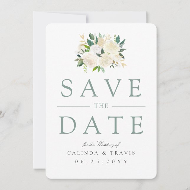Bouquet Rose blanche | Floral | Save the date (Devant)