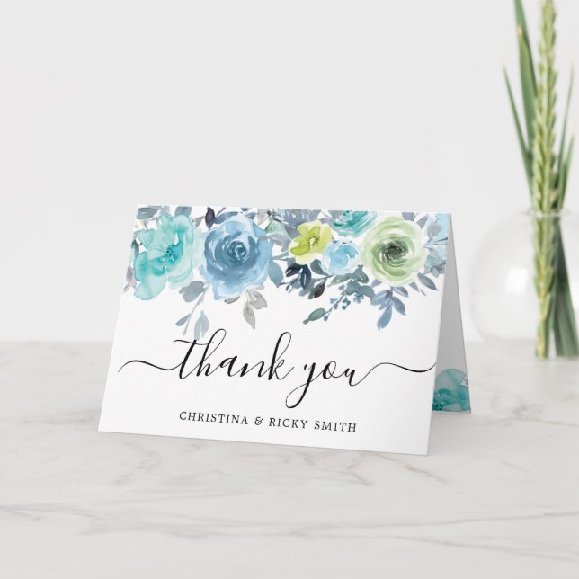 Bouquet Rose bleu Aquarelle Fleurs Mariage Merci (Devant)