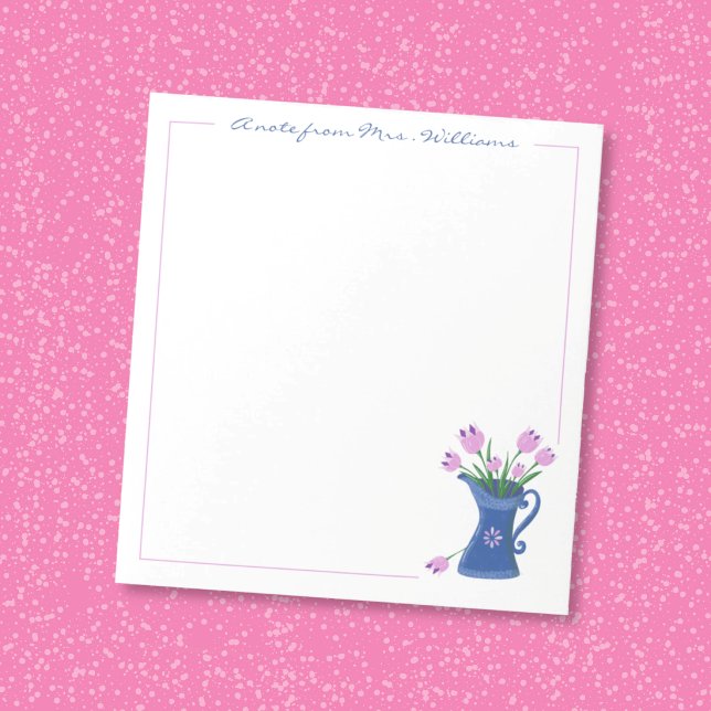 Bouquet Teacher Appreciation Notepad (Pretty pink tulip bouquet in a blue jug personalized notepad . )