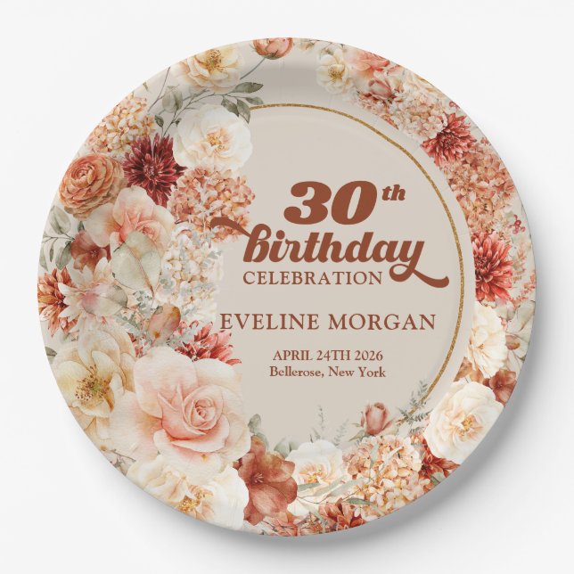 bouquet terracotta blush and sage 30th birthday paper plate (Front)