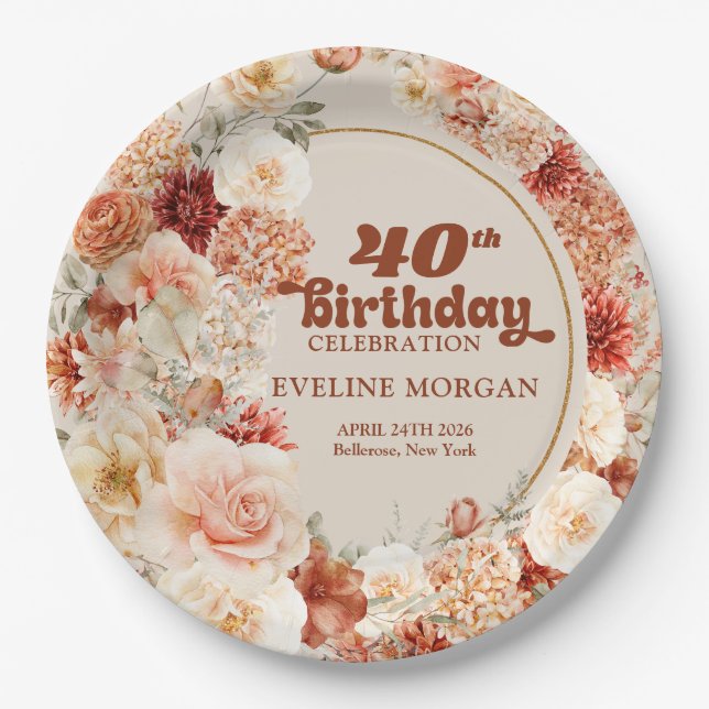 Bouquet terracotta blush and sage 40th birthday paper plate (Front)