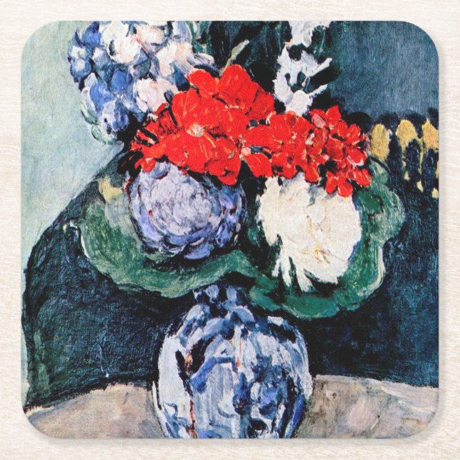 Bouquet with Little Delft, Paul Cezanne Square Paper Coaster (Front)