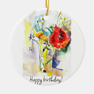 Bouquet with red poppy ceramic ornament