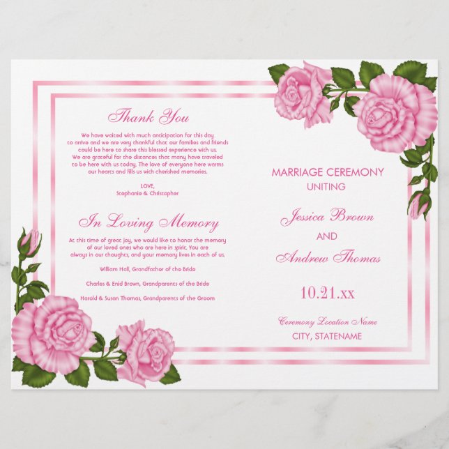 Bouquets d'angle rose joli Programme de mariage (Devant)