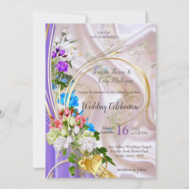 Bouquets of Multi-colour Roses  on Silk textures Invitation (Front)