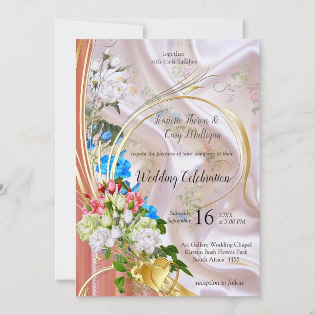 Bouquets of Multi-colour Roses  on Silk textures Invitation (Front)
