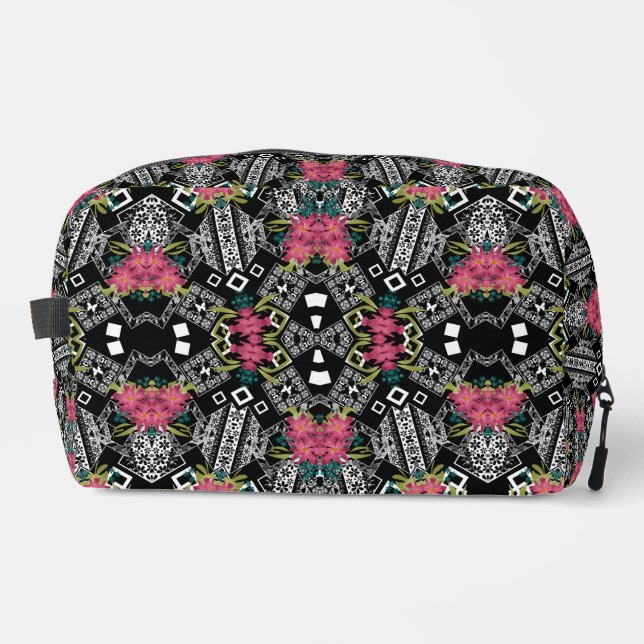 Bouquets of pink flowers flowers on a geometric dopp kit (Front)