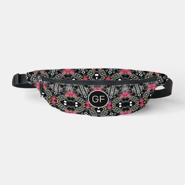 Bouquets of pink flowers flowers on a geometric fanny pack (Front)
