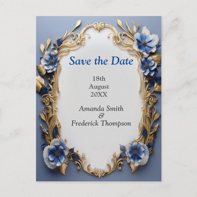 Bouquets of Silky Blue-White and Gold Edges Announcement Postcard (Front)