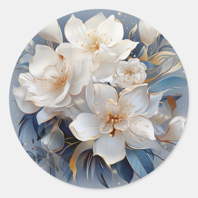 Bouquets of Silky Blue-White and Gold Edges Classic Round Sticker (Front)