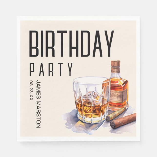 Bourbon and Cigar Birthday Party Napkin (Front)