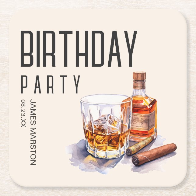 Bourbon and Cigar Birthday Party Square Paper Coaster (Front)