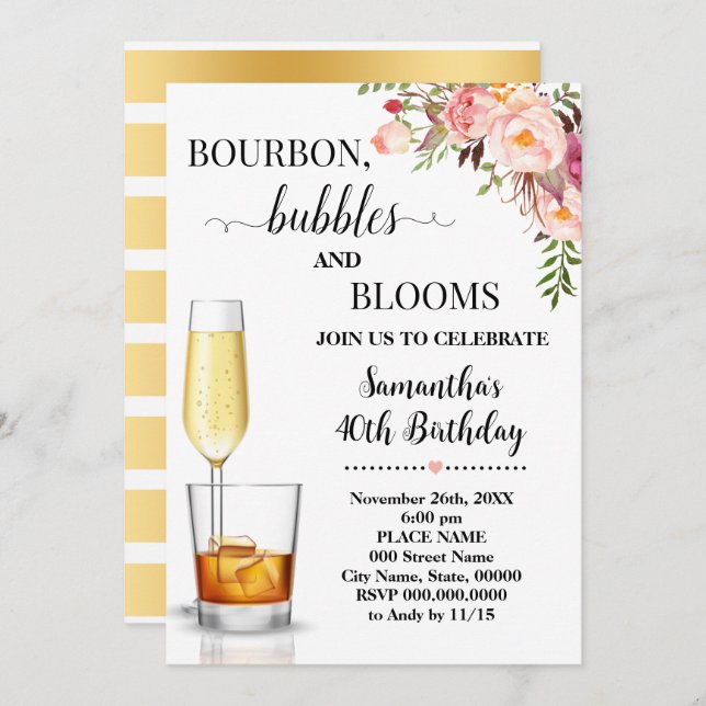 Bourbon, Bubbles & Blooms Adults Birthday Invitation (Front/Back)