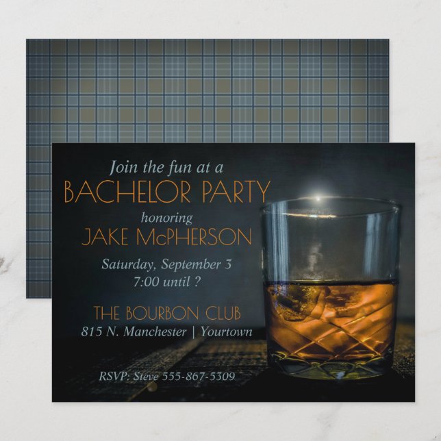 Bourbon Gentleman Plaid Bachelor Invitation (Devant / Derrière)
