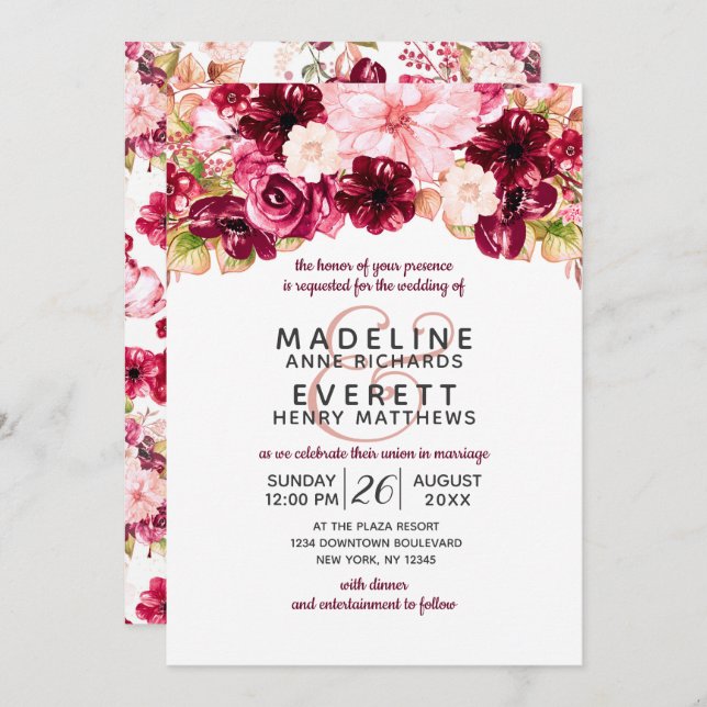 Bourgogne & Blush Floral Drop Wedding Invitations (Devant / Derrière)