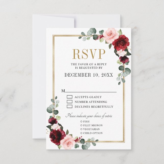Bourgogne Blush Floral moderne géométrique RSVP (Devant)