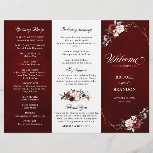 Bourgogne Blush Floral Moderne Mariage Programme (Devant)
