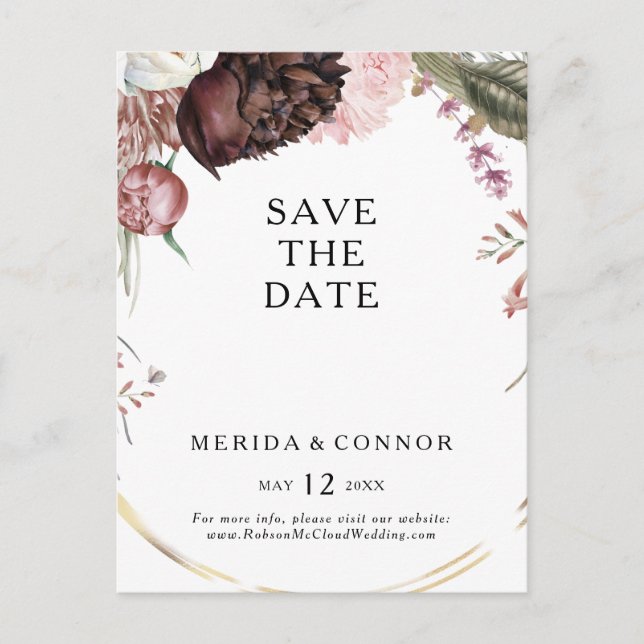 Bourgogne Boho Floral Enregistrer La Date Carte Po (Devant)