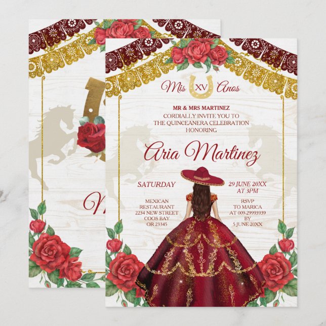 Bourgogne Charro Roses Mis Quince Invitation (Devant / Derrière)