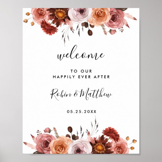 Bourgogne et Blush Floral Mariage Affiche de bienv (Devant)