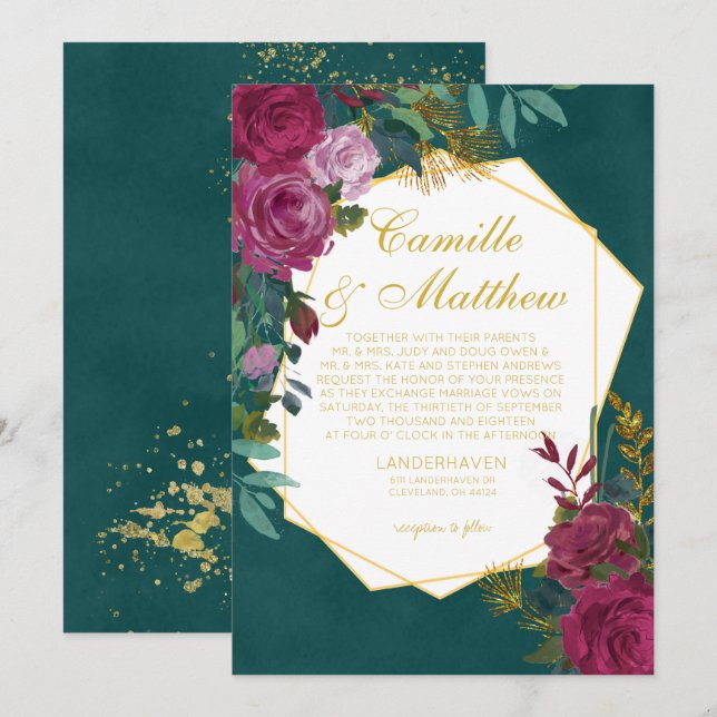 Bourgogne et Emeraude Faire-part de mariage (Devant / Derrière)
