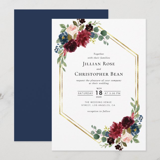 Bourgogne et faire-part de mariage floral marine (Devant / Derrière)