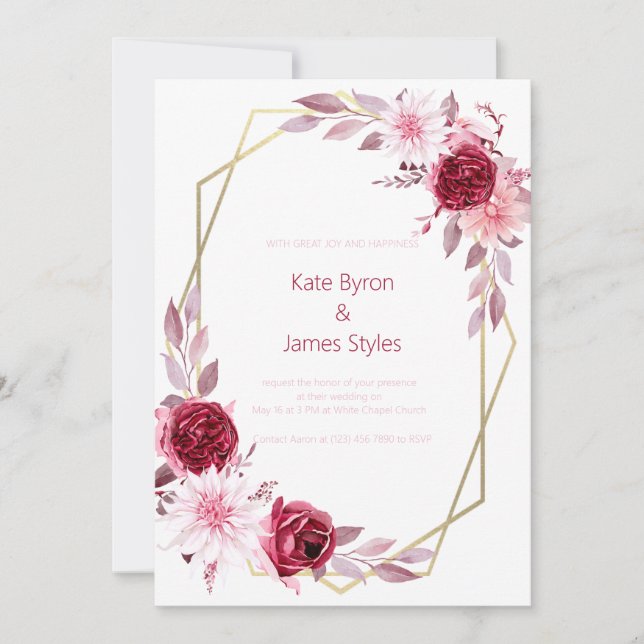 Bourgogne et Faire-part de mariage floral rose (Devant)