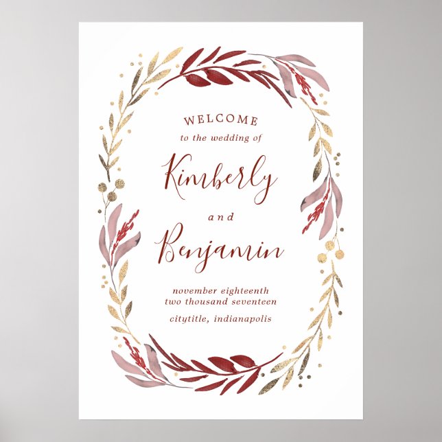 Bourgogne et Gold Elegant Mariage Affiche de bienv (Devant)
