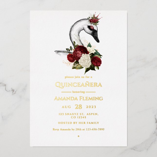 Bourgogne et Gold Swan Quinceañera Foil Invitation (Recto)