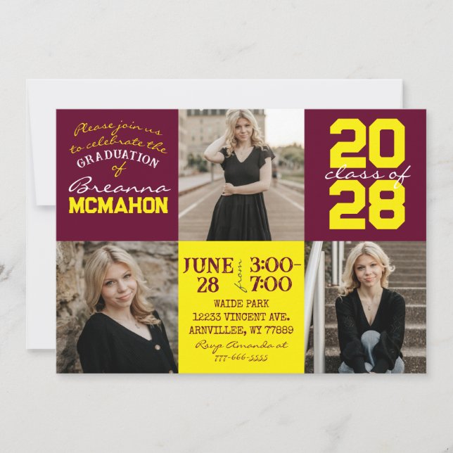 Bourgogne et Jaune 3 Photo Graduation Invitation (Devant)