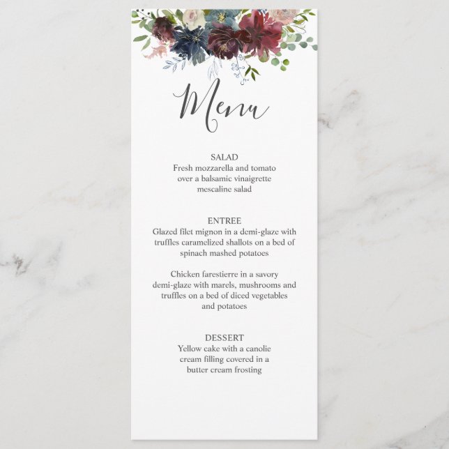 Bourgogne et menu floral bleu de mariage (Devant)