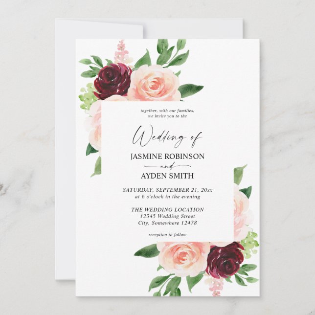 Bourgogne et rose pâle 4 Faire-part de mariage flo (Devant)